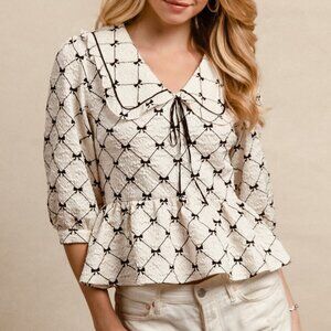BiBi Bow Prints-patterns Ruffle Collar Details Peplum Top